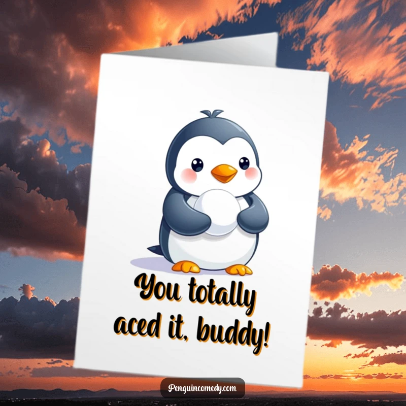Funny Free Printable congratulations card with a cute penguin holding a tiny snowball, celebrating an achievement.