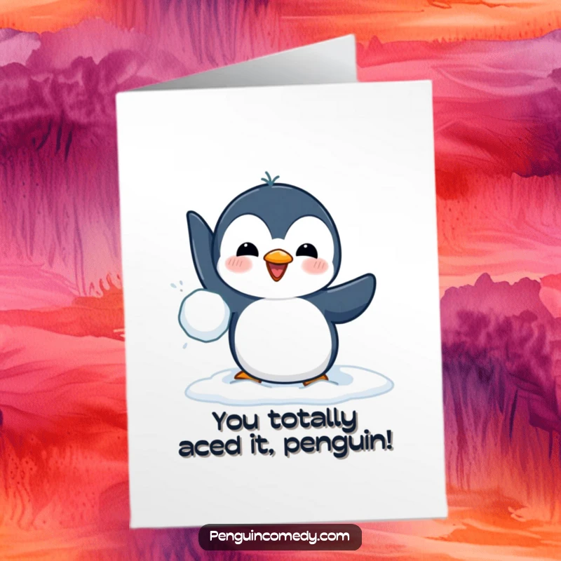 Funny Free Printable Congratulations Card: Penguin launching a snowball with its flipper, celebrating your big win.