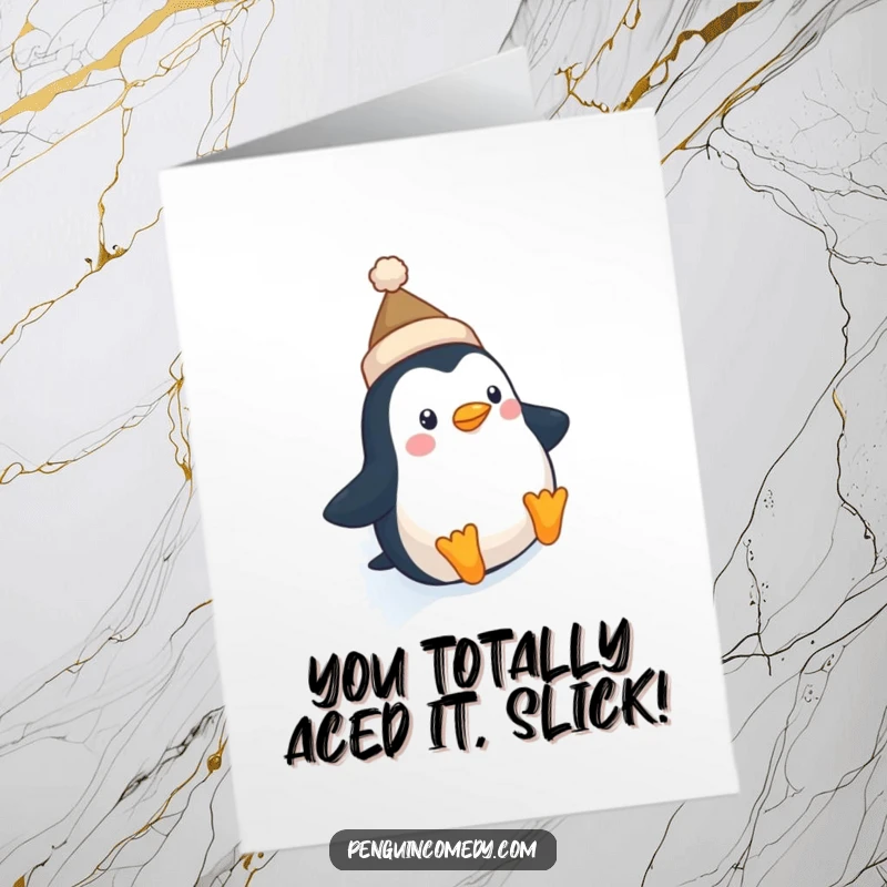 Funny Free Printable Congratulations Card: A penguin sporting a small hat gleefully slides down an ice slope.