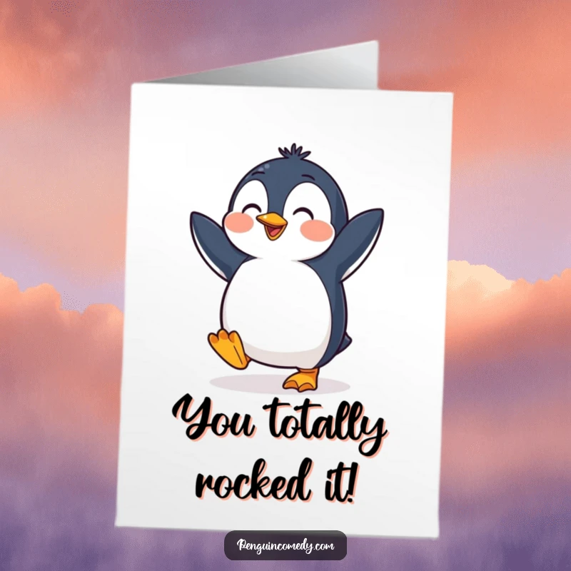 Funny Free Printable Congratulations Card: Cheerful penguin doing a happy dance, perfect for celebrating achievements.