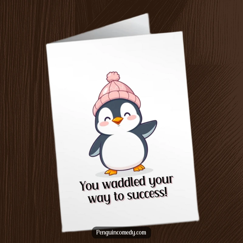 Funny Free Printable Congratulations Card: A happy penguin wearing a cute knitted hat waddles joyfully, celebrating achievements.