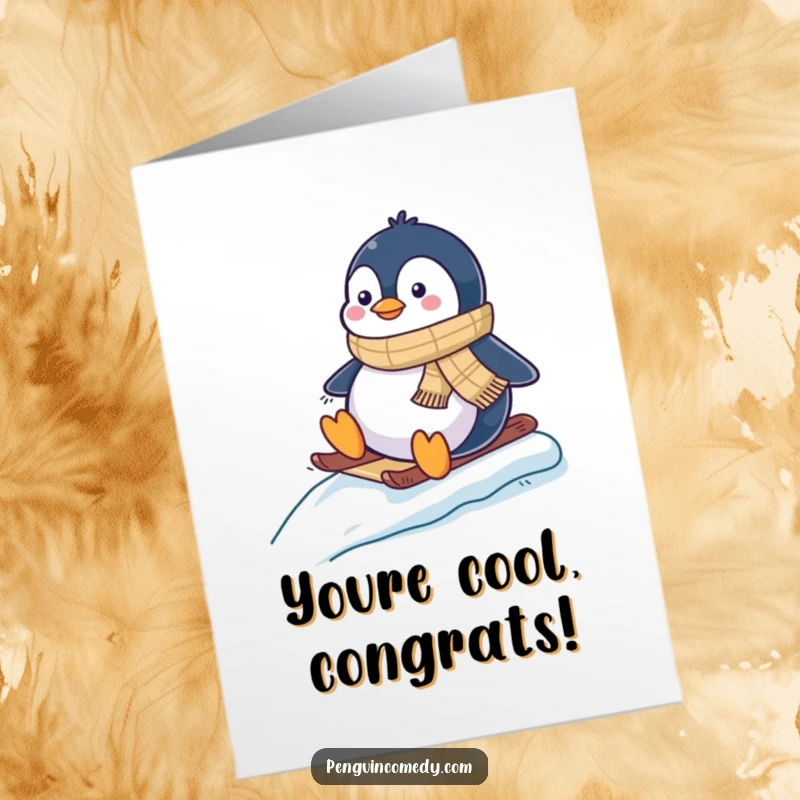 Funny Free Printable Congratulations Card: Joyful penguin in scarf slides down ice, celebrating success with a downloadable gift.