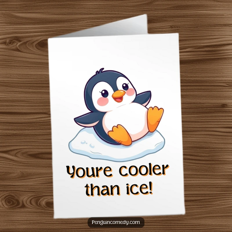 Funny Free Printable Congratulations Card: A happy penguin slides effortlessly down an icy slope on its tummy.