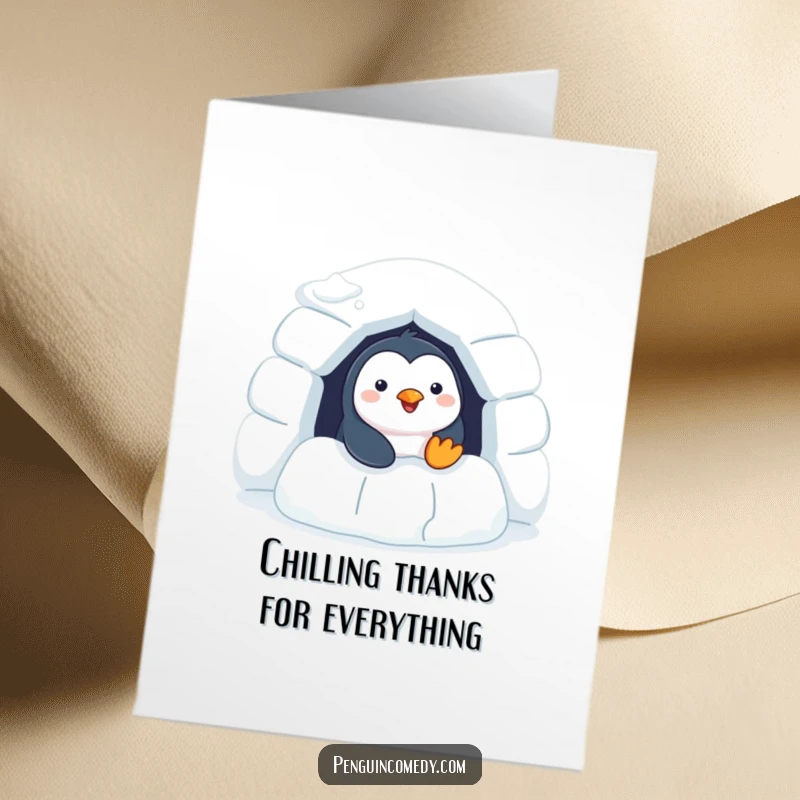 Cheerful Free Printable Thank You Card: A happy penguin peeking from its igloo, offering a warm and cheerful thank you for your kindness.