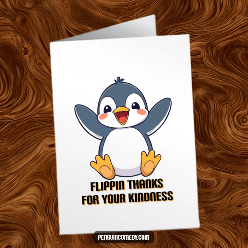 Excited Free Printable Thank You Card: A penguin flapping its flippers energetically, conveying a heartfelt and enthusiastic thank you for your kindness.