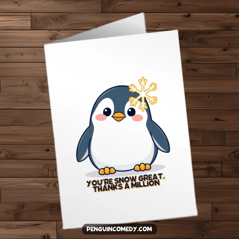 Funny Free Printable Thank You Card of a penguin curiously observing a snowflake, a gentle and thoughtful gesture.