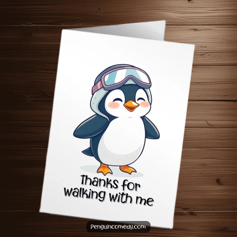 Funny Free Printable Thank You Card: Giggling penguin waddling comically in oversized galoshes, saying thanks with a smile.