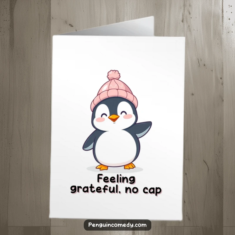 Funny Free Printable Thank You Card: A happy penguin in a knit hat waddles with joy, conveying sincere gratitude.