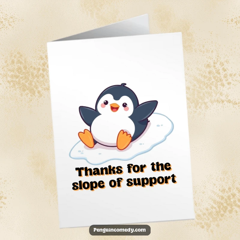 Funny Free Printable Thank You Card: A playful penguin slides on its belly down an ice slope, smiling gratefully.