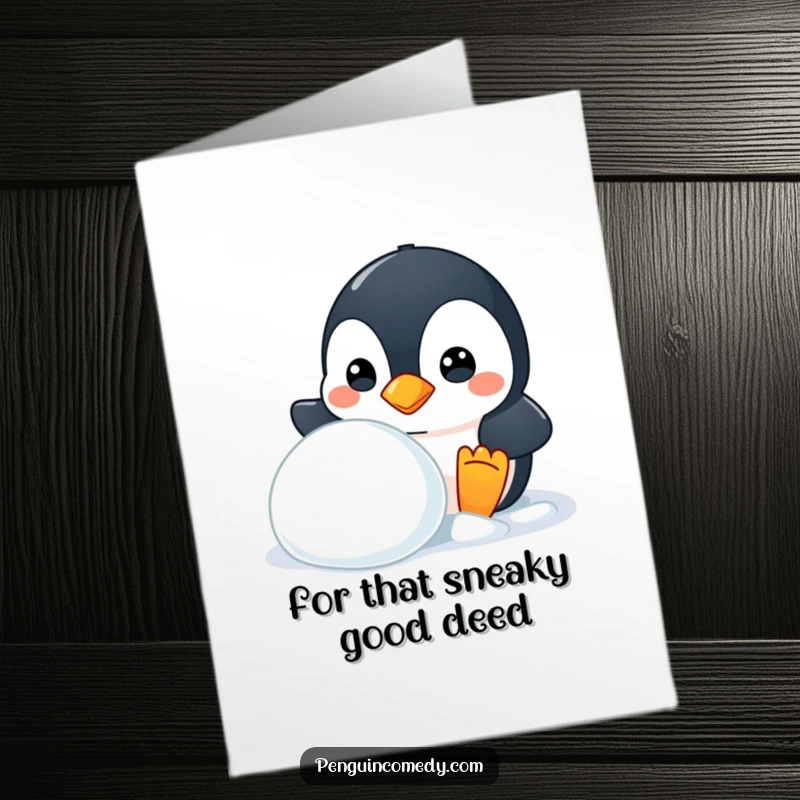 Funny Free Printable Thank You Card with a mischievous penguin peeking from behind a snowball, ready to deliver thanks playfully.