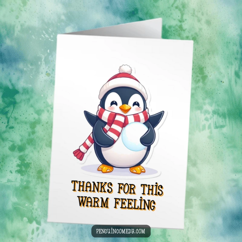 Funny free printable thank you card of a penguin in a festive scarf holding a luminous snowball, conveying heartfelt thanks.