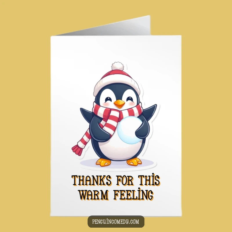 Free Printable Thank You Card: Festive Penguin Snowball Downloadable Greeting for Winter Thanks