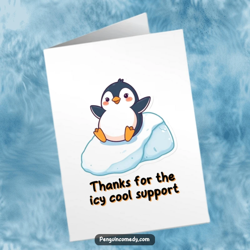 Funny free printable thank you card depicting a happy penguin sliding down an icy hill, conveying thanks with a cheerful spirit.