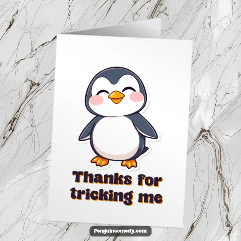 Funny free printable thank you card featuring a penguin with a mischievous grin and a sideways glance.