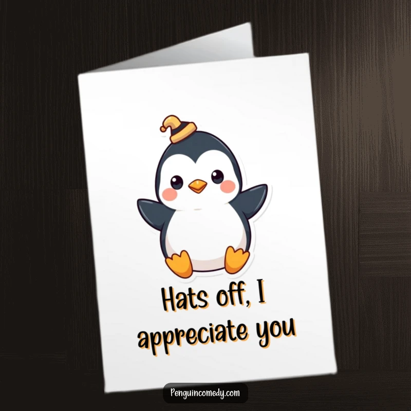 Funny Free Printable Penguin Thank You Card: a penguin wearing a tiny hat tips it politely.