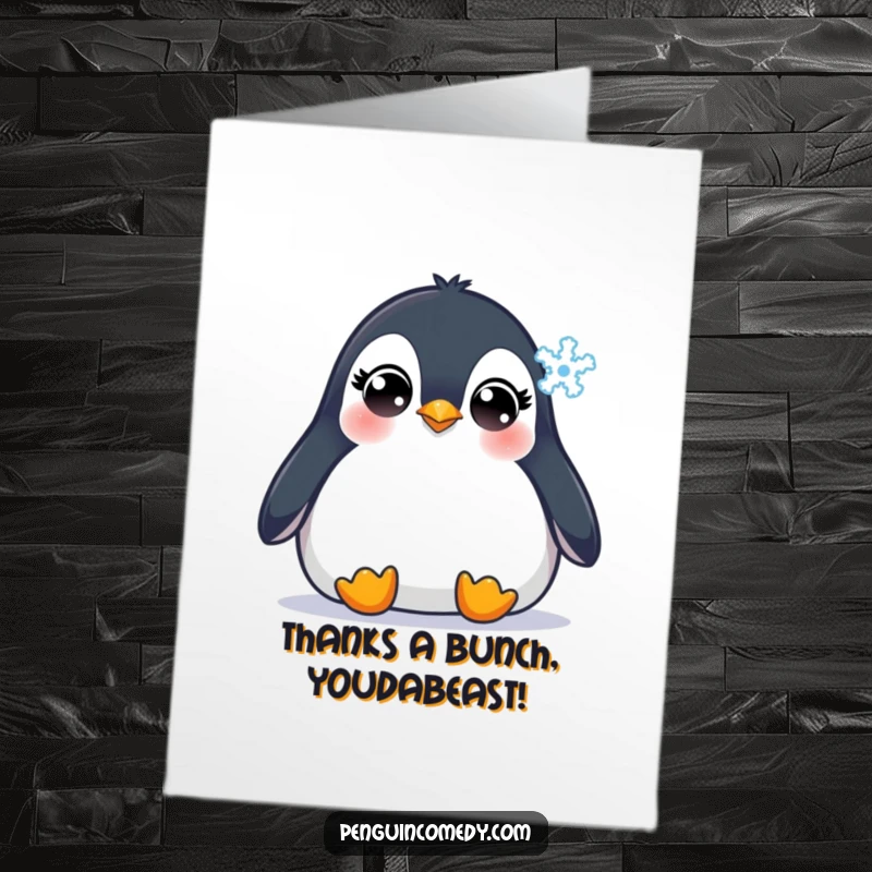 Funny Free Printable Penguin Thank You Card: Innocent penguin observes a snowflake, a sweet way to convey thanks digitally.