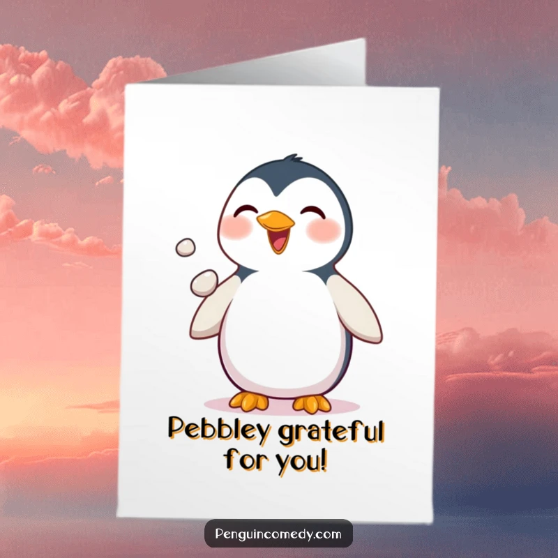 Funny Free Printable Thank You Card: Delighted penguin juggling pebbles, offering a fun and unique way to say thanks.