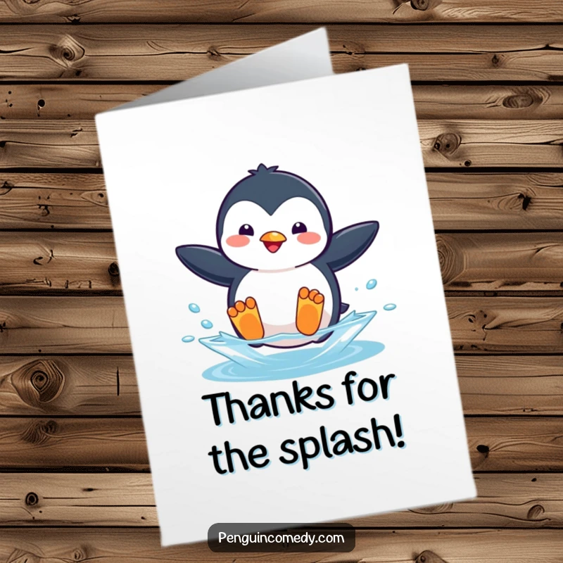 Funny Free Printable Thank You Card: Playful penguin jumps into water, conveying thanks with a splashy downloadable gift.