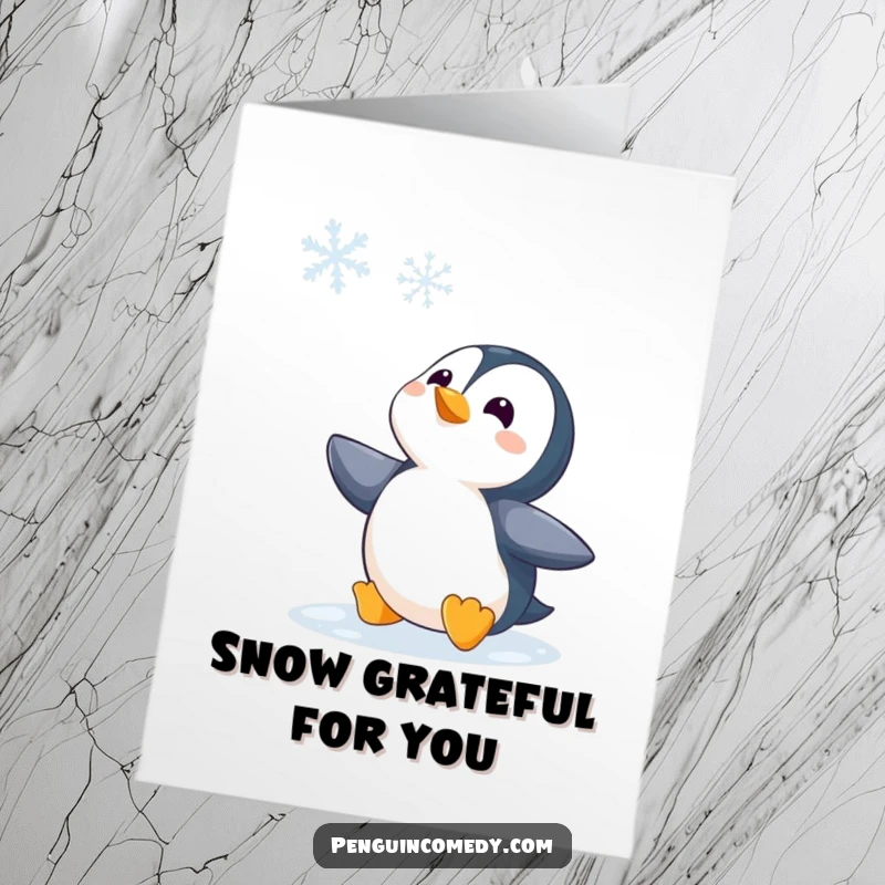 Funny Free Printable Thank You Card: A curious penguin gazes upward with fascination at a falling snowflake.