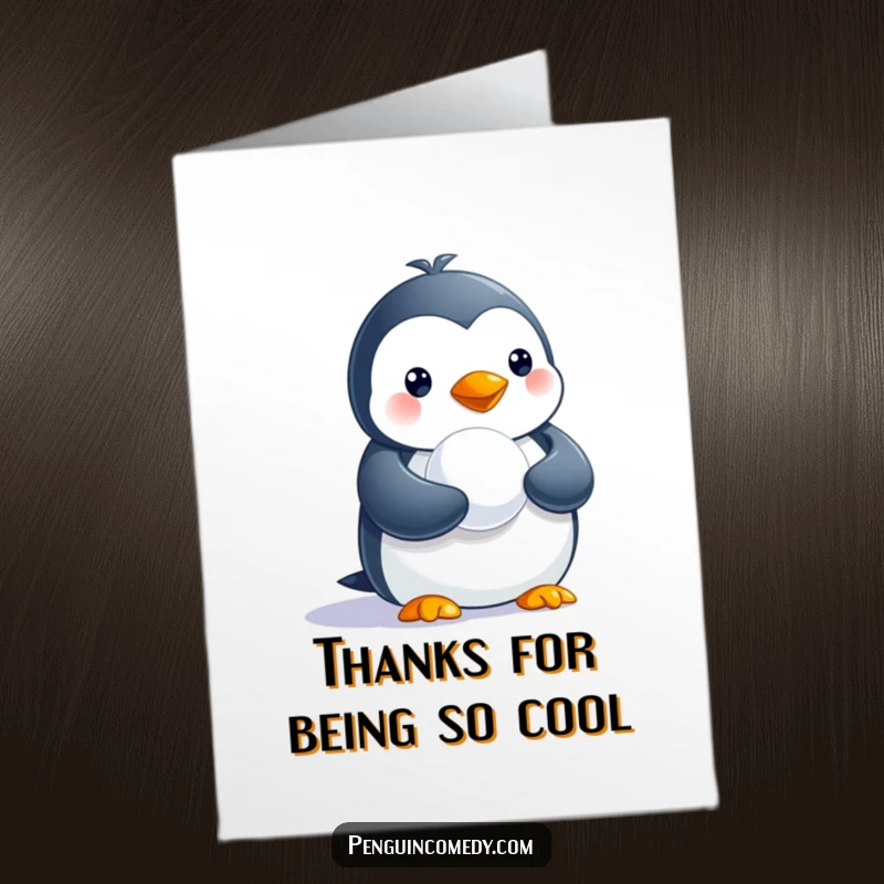 Funny Free Printable thank you card showcasing a charming penguin holding a tiny snowball, expressing gratitude.
