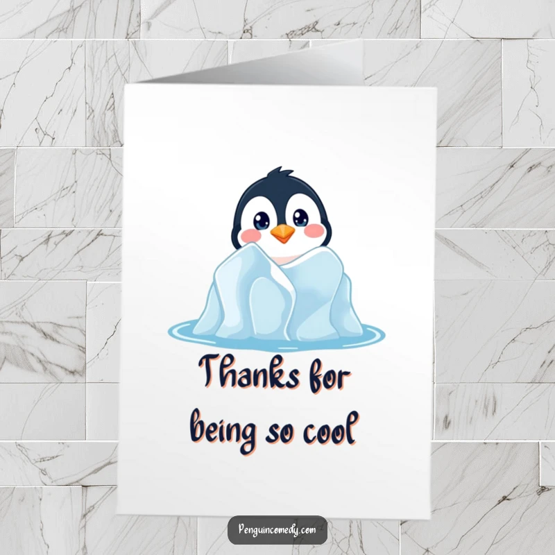 Funny Free Printable Thank You Card: Curious penguin peeking from an iceberg, expressing gratitude, print at home.