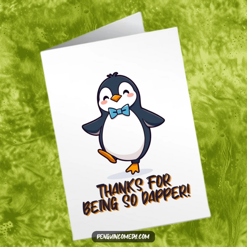 Funny Free Printable Thank You Card: A dapper penguin in a bow tie, balancing gracefully to show thanks.