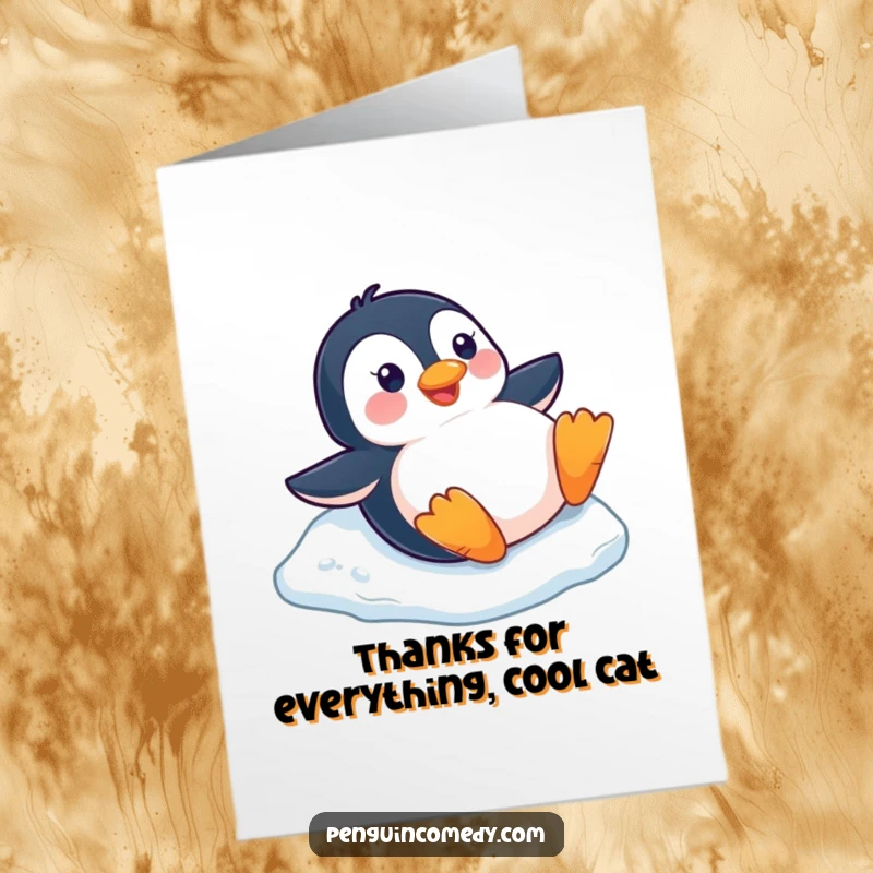 Funny Free Printable Thank You Card: A happy penguin slides downhill on its belly down a small ice slope.