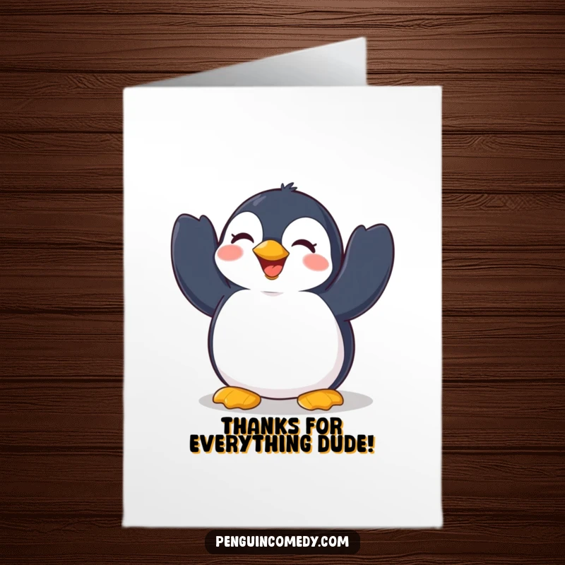 Funny Free Printable Penguin Thank You Card: Cheerful penguin flapping wings in delight, a printable way to show thanks.