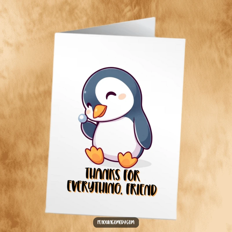 Funny Free Printable Thank You Card showing a curious penguin fascinated by a shiny object, perfect for expressing gratitude.