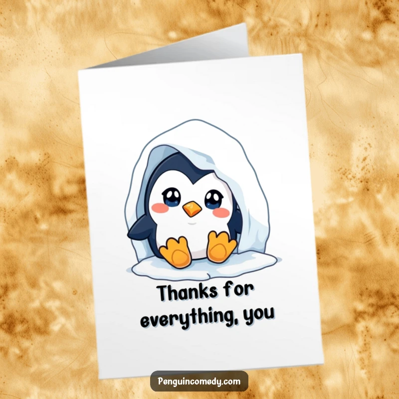 Funny Free Printable Thank You Card: Curious penguin peeking from behind an iceberg, offering a sweet thank you.