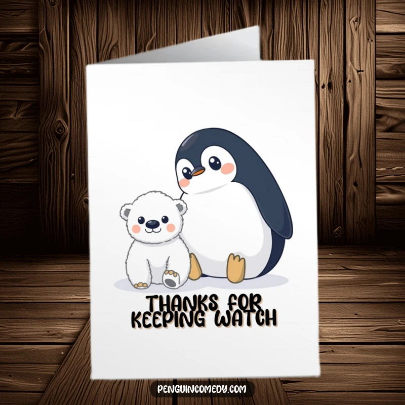 Funny Free Printable Thank You Card: Penguin wide-eyed, looking afar at a small polar bear cub.