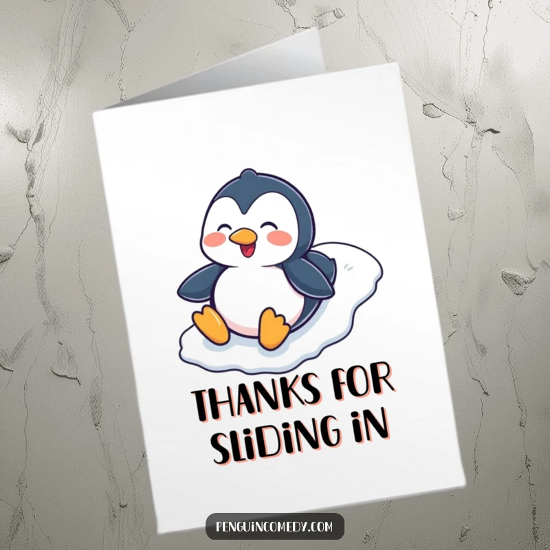 Funny Free Printable Thank You Card: A happy penguin slides down an icy hill with a wide, grateful grin.