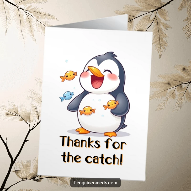 Funny Free Printable Thank You Card: Grinning penguin juggles fish, conveying thanks with a humorous downloadable gift.