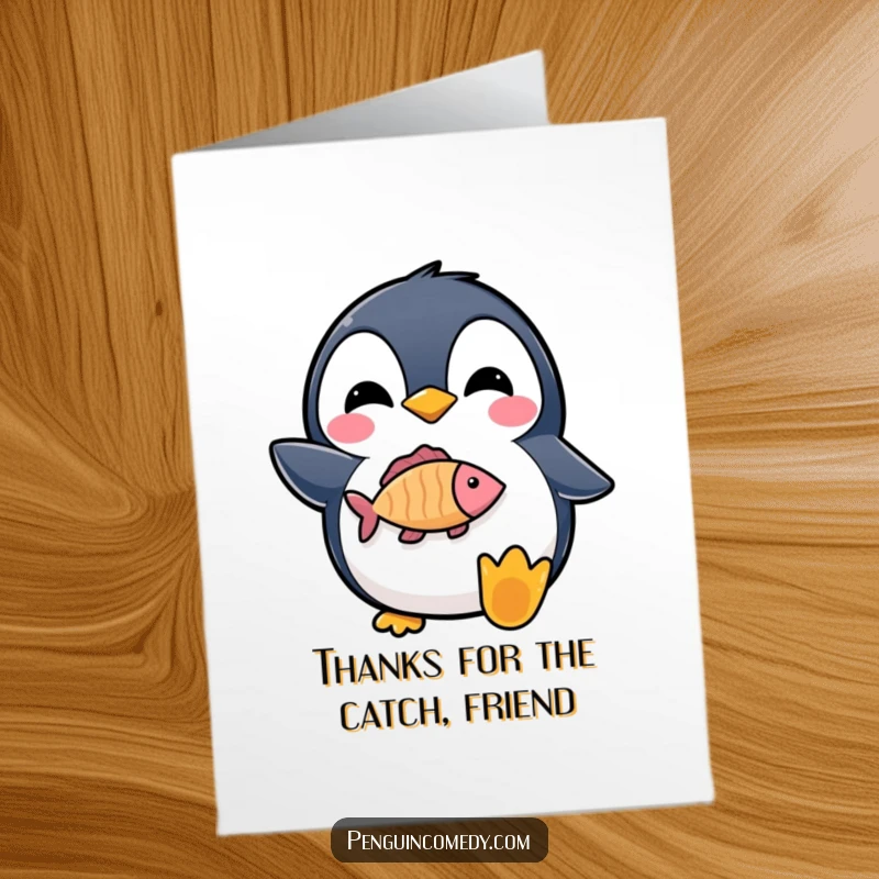 Funny Free Printable Penguin Thank You Card of a delighted penguin proudly holding a fish.