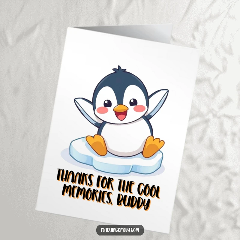 Funny Free Printable Thank You Card depicting a penguin sliding with glee, a comical way to express gratitude.