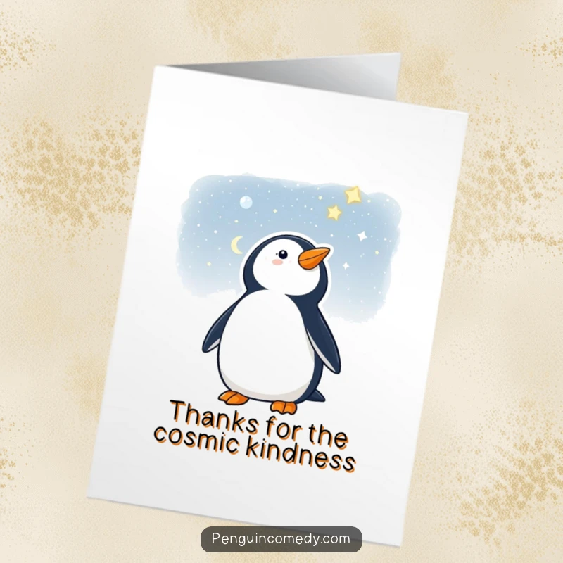 Funny Free Printable thank you card with a penguin looking up at a beautifully rendered starry night.