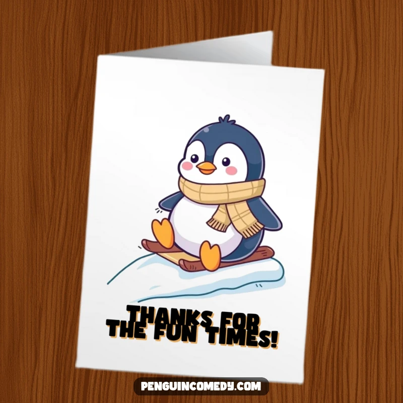Funny Free Printable Thank You Card: Happy penguin in scarf slides, expressing gratitude with a downloadable gift.