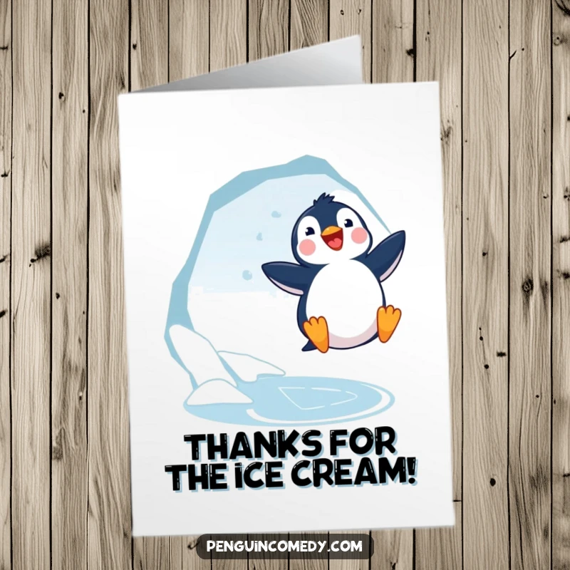 Funny Free Printable Penguin Thank You Card: A happy penguin jumps near an ice hole, saying thanks.