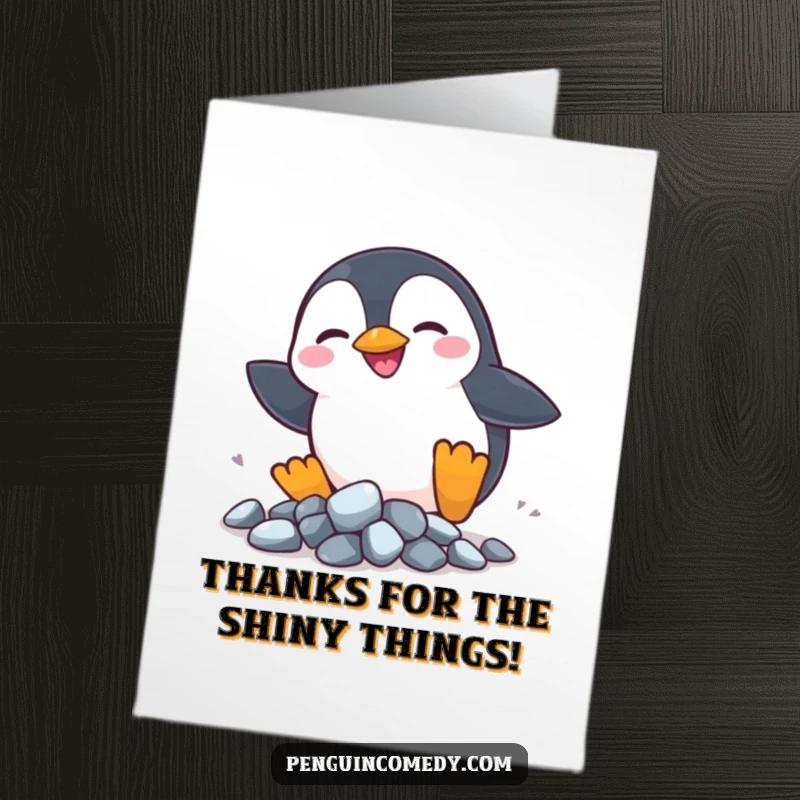 Funny Free Printable Penguin Thank You Card: A silly penguin chases shiny rocks, showing thanks.