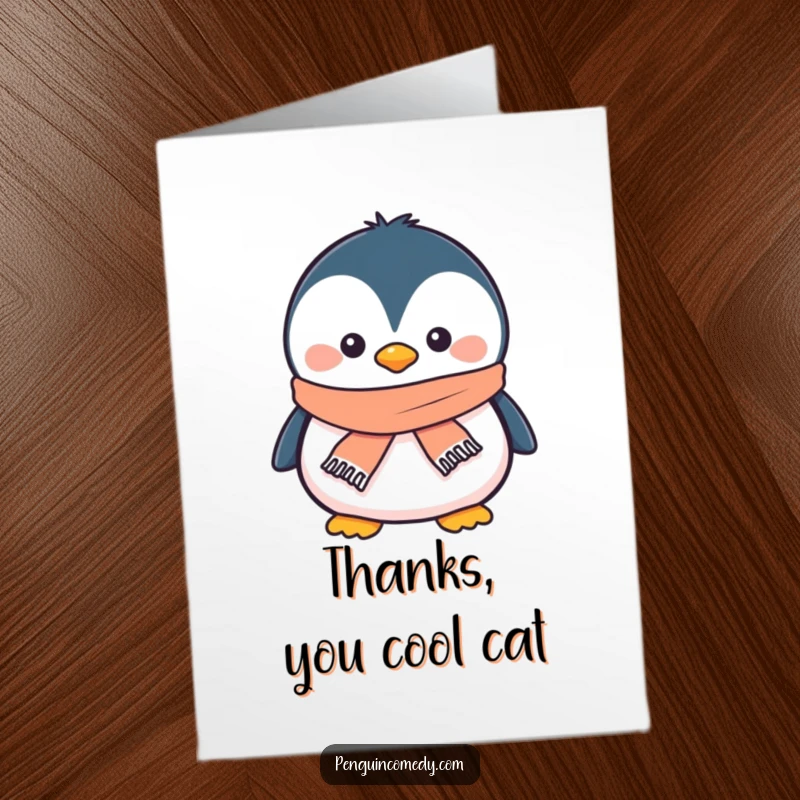 Funny Free Printable Thank You Card: A smiling penguin wearing a tiny scarf, conveying thanks.