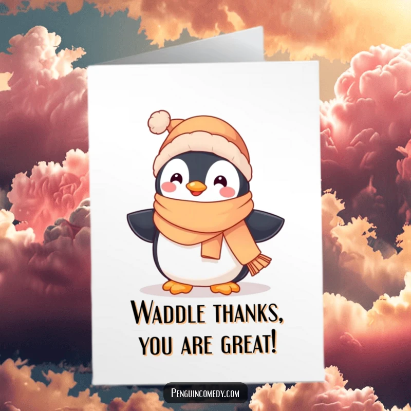 Funny free printable thank you card featuring a cute penguin in a scarf and hat, waddling happily to say thank you.