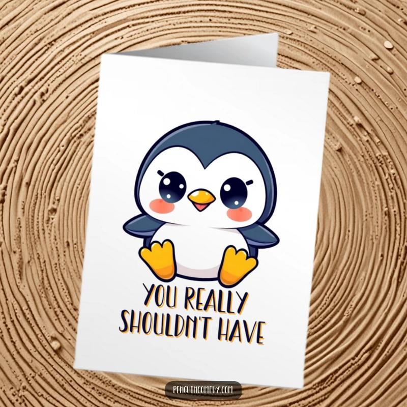 Funny Free Printable Thank You Card featuring a surprised penguin with its beak slightly open, expressing comical gratitude.