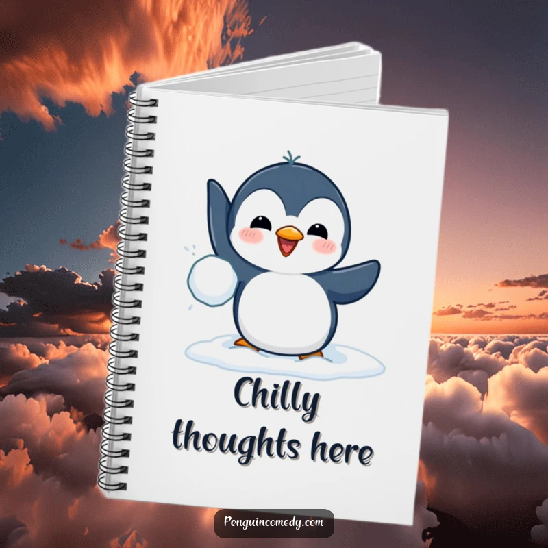 Funny notebook with a playful penguin throwing a snowball, ideal for jotting down notes with a touch of winter humor.