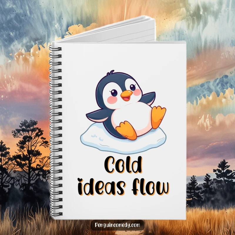Funny happy penguin sliding down a small ice slope on its belly, featured on a fun winter notebook cover.