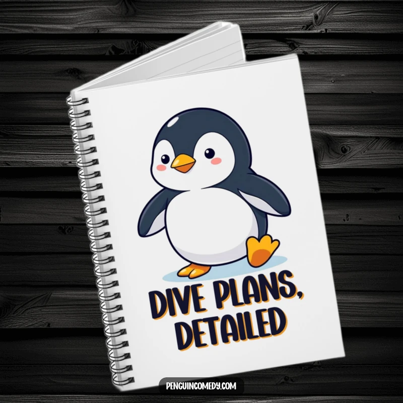 Funny penguin notebook with a penguin in an alert stance, ready to dive, perfect for jotting down notes with motivational flair.