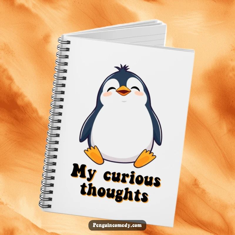 Funny notebook with a giggling penguin tilted head, looking curiously upwards, great for brainstorming.