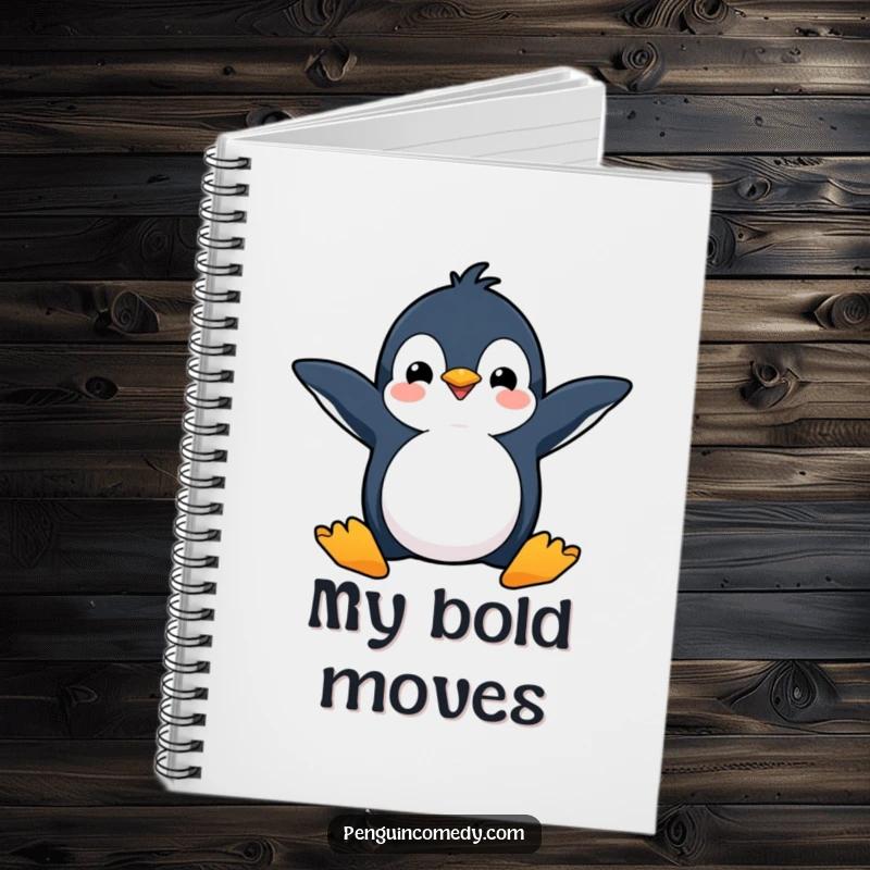 Funny notebook with a happy penguin, flippers spread wide, ready to dive, great for energetic ideas.