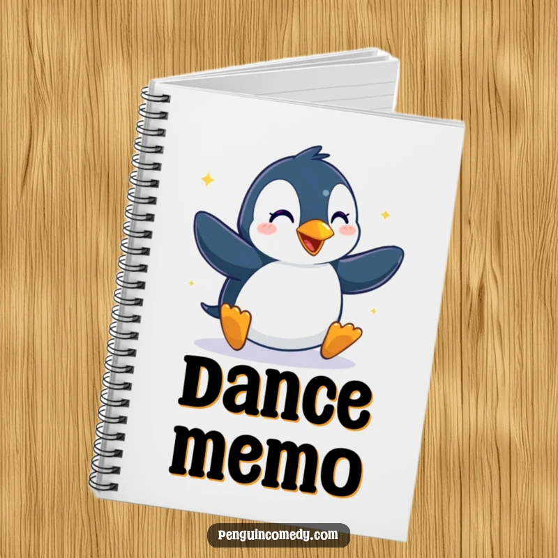 Funny notebook with a penguin dancing with glee, ideal for note-taking and brainstorming with a touch of whimsical fun.