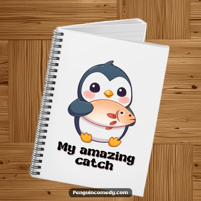 Funny notebook cover featuring a surprised penguin with a fish, ideal for jotting notes with a humorous touch.