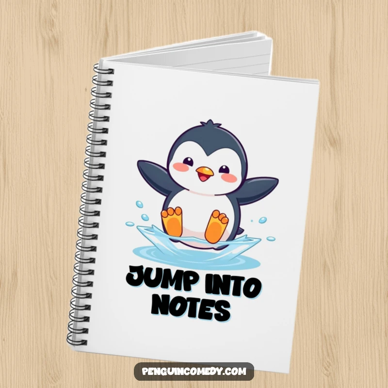 Funny notebook with a playful penguin in mid-air, flippers spread, about to dive into water.